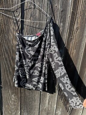 Black & White Paisley Long Sleeve Top With Fringe